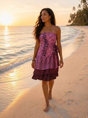 Convertible Boho Wrap Skirt Dress – Multi-Wear Vacation Style Maroon & Pink